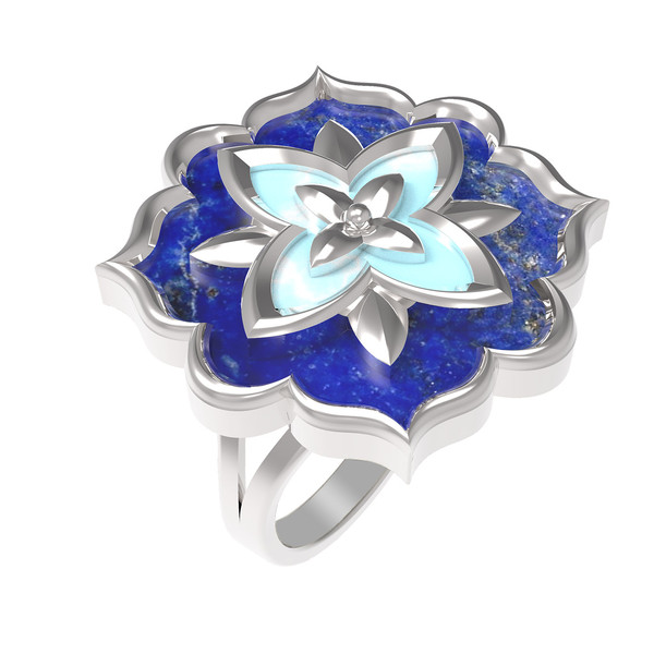 Кольцо из белого золота c бирюзой и лазуритом