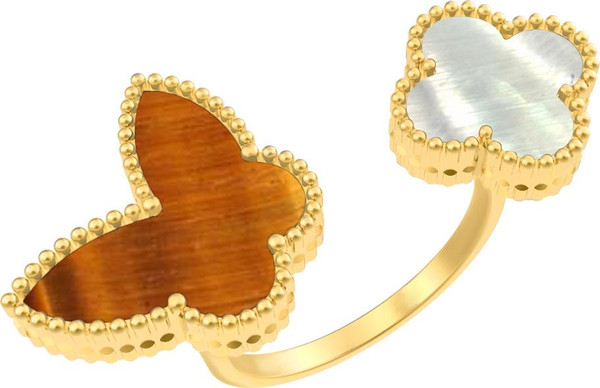 Кольцо из лимонного золота c тигровым глазом и перламутром