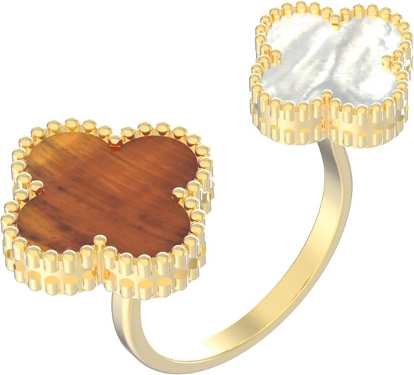 Кольцо из лимонного золота c тигровым глазом и перламутром
