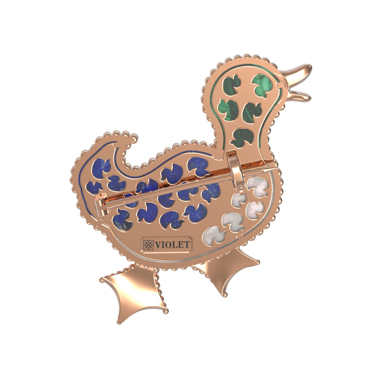 Брошь из золота c эмалью, лазуритом, малахитом и перламутром