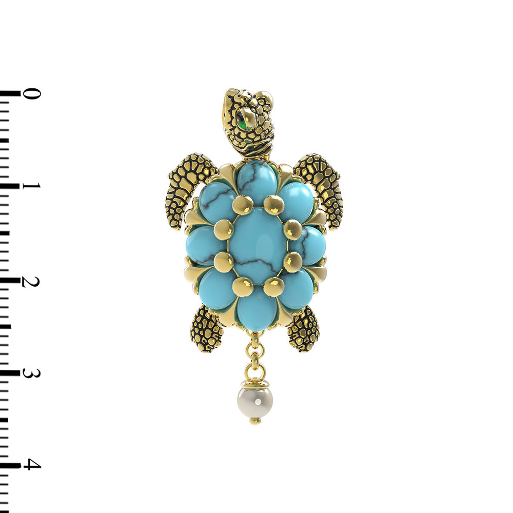 Подвеска из лимонного золота c эмалью, жемчугом и бирюзой