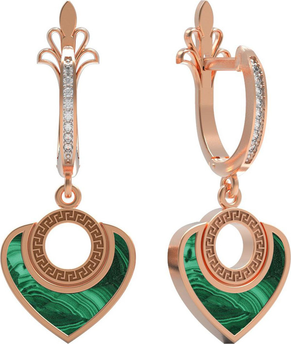 Серьги из золота c фианитом и малахитом