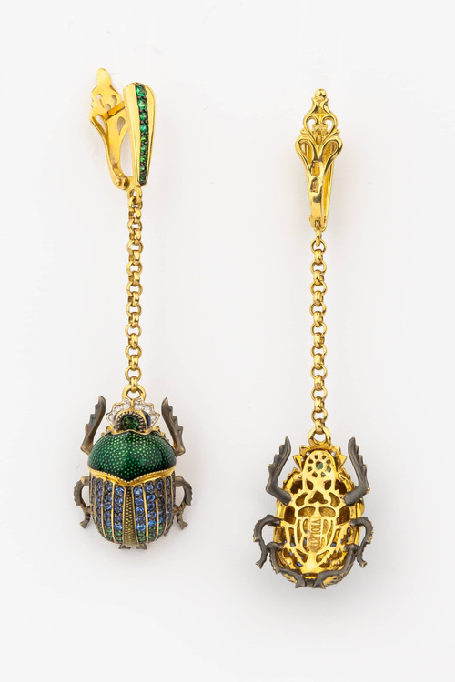 Серьги из лимонного золота c эмалью, фианитом, турмалином и сапфиром