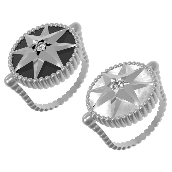 Кольцо из белого золота c фианитом, ониксом и перламутром