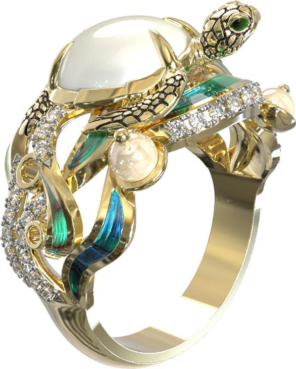 Кольцо из лимонного золота c эмаль , бриллиантами, жемчугом и перламутром