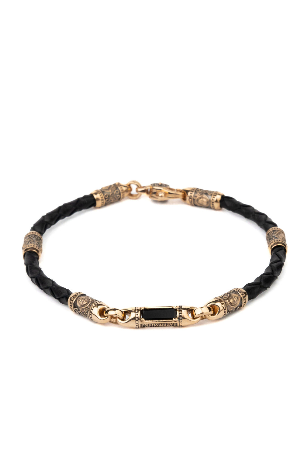 Браслет из золота c кожаным шнурком и ониксом