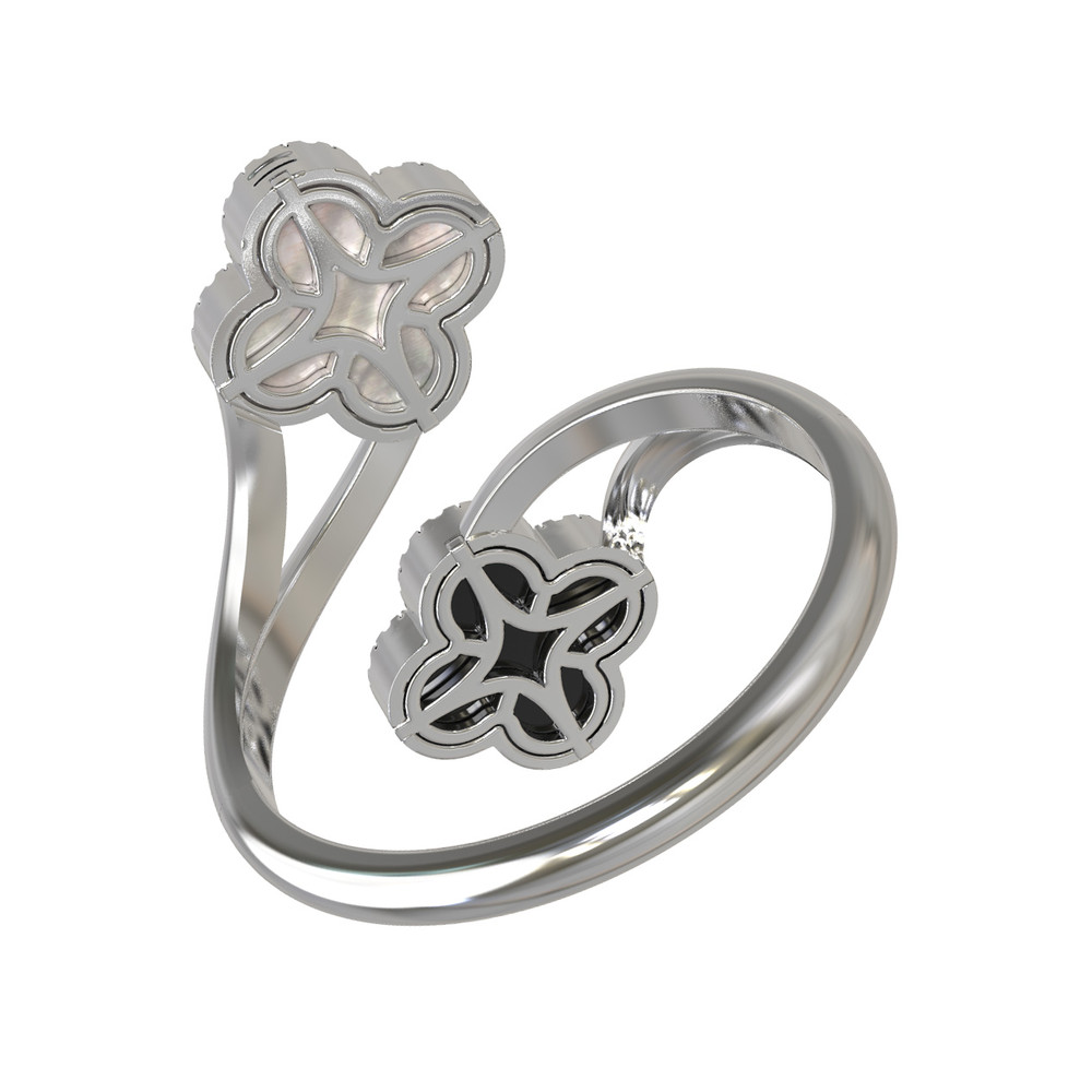 Кольцо из белого золота c бриллиантами, ониксом и перламутром