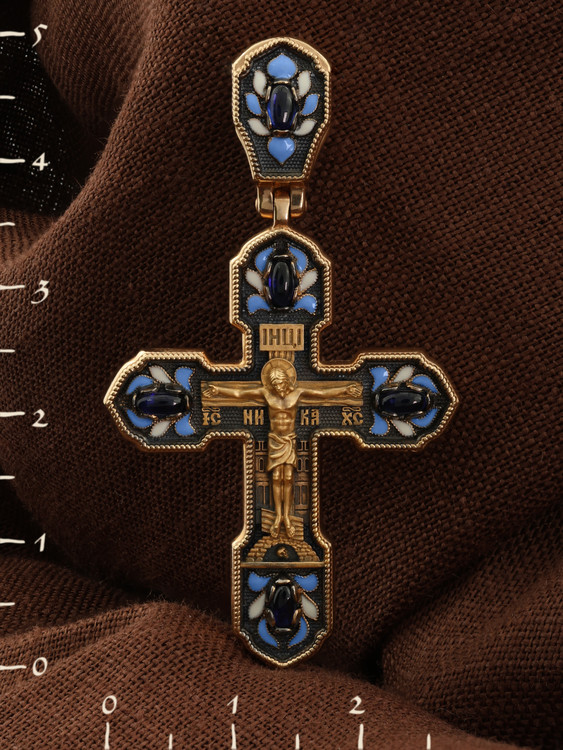 Крест из золота c эмаль и сапфиром