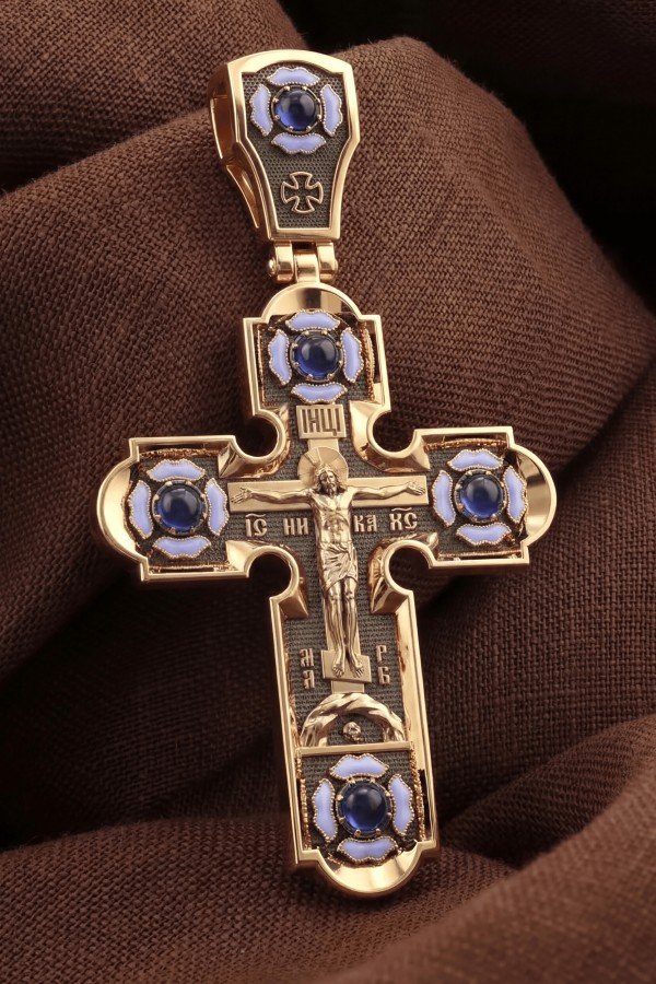 Крест из золота c эмаль и сапфиром