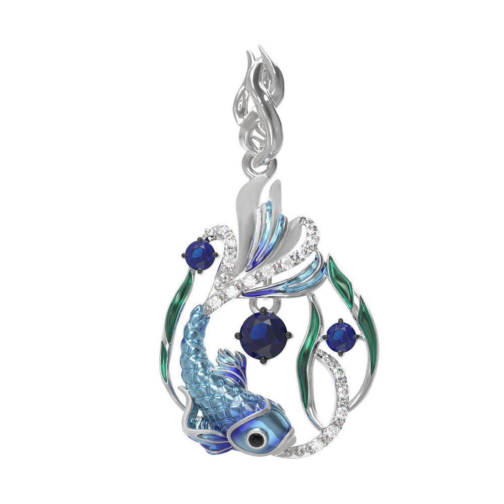 Подвеска из белого золота c эмалью, фианитом и сапфиром