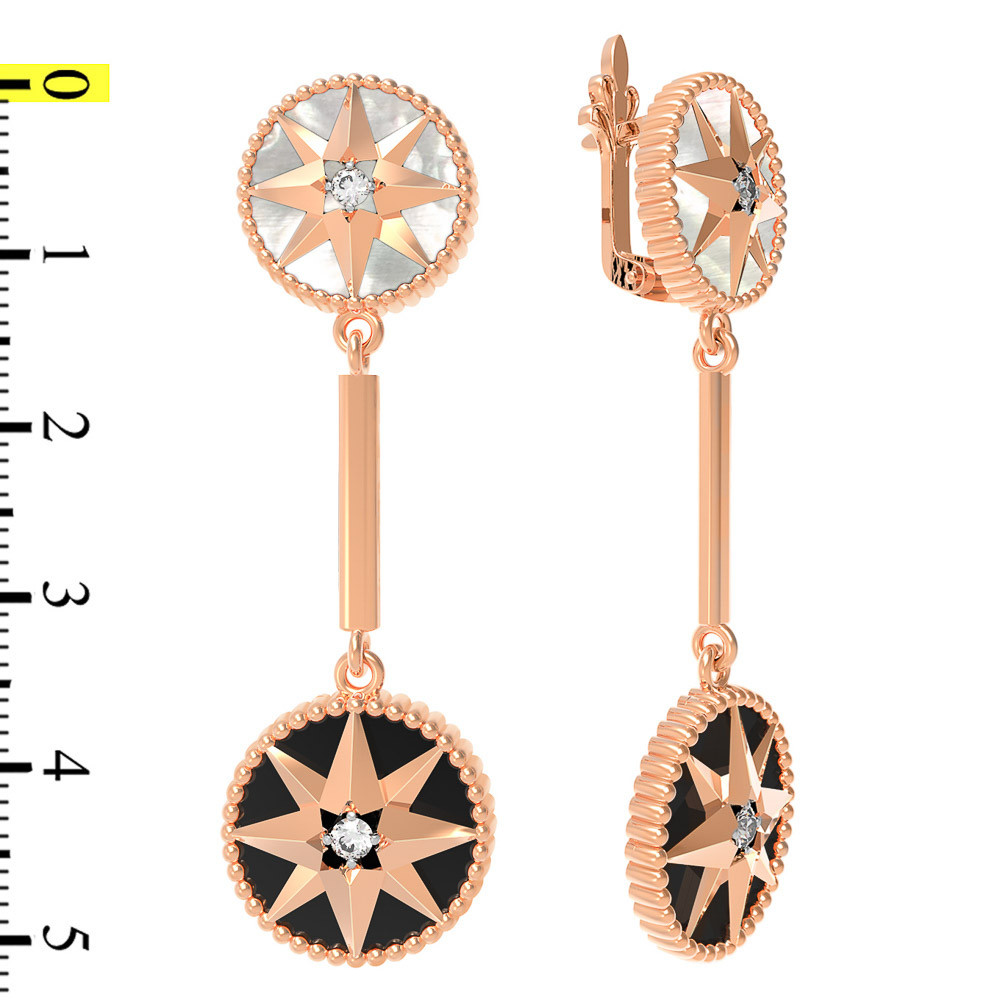 Серьги из золота c фианитом, ониксом и перламутром