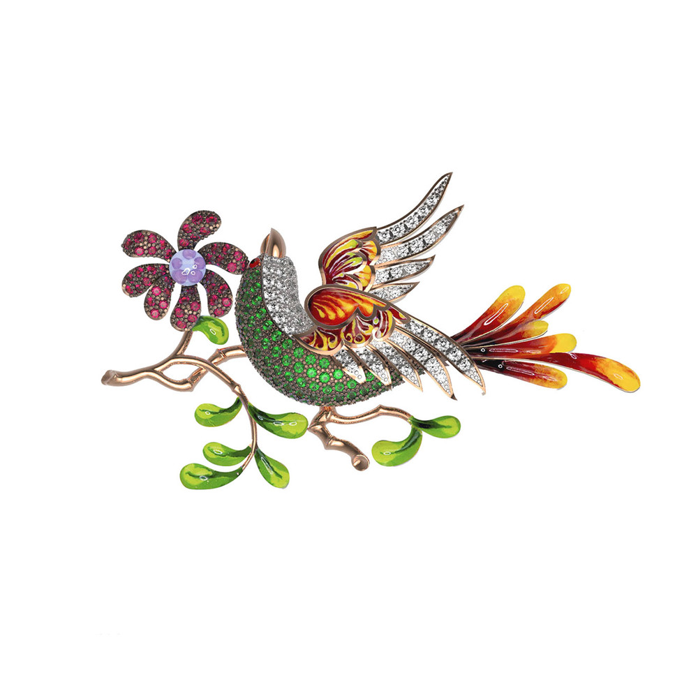 Брошь из золота c эмаль и фианитом