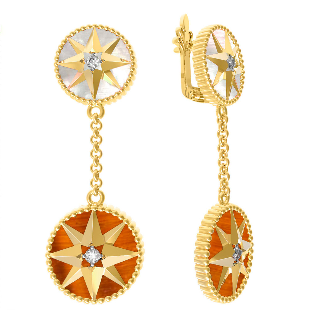 Серьги из лимонного золота c фианитом, тигровым глазом и перламутром