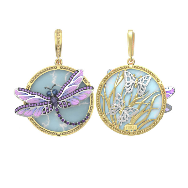 Подвеска из лимонного золота c бирюзой, аметистом и эмалью