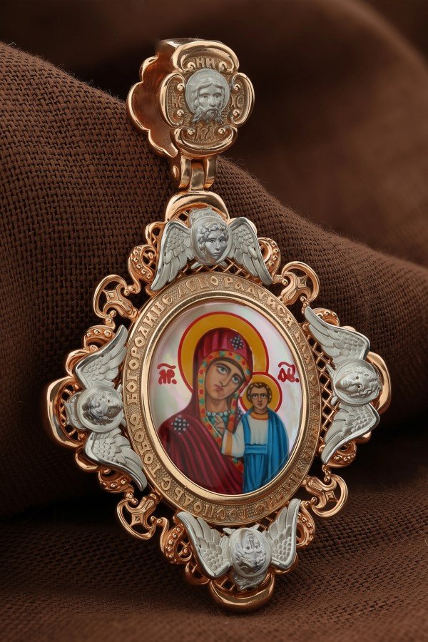 Образок из золота c эмаль и перламутром