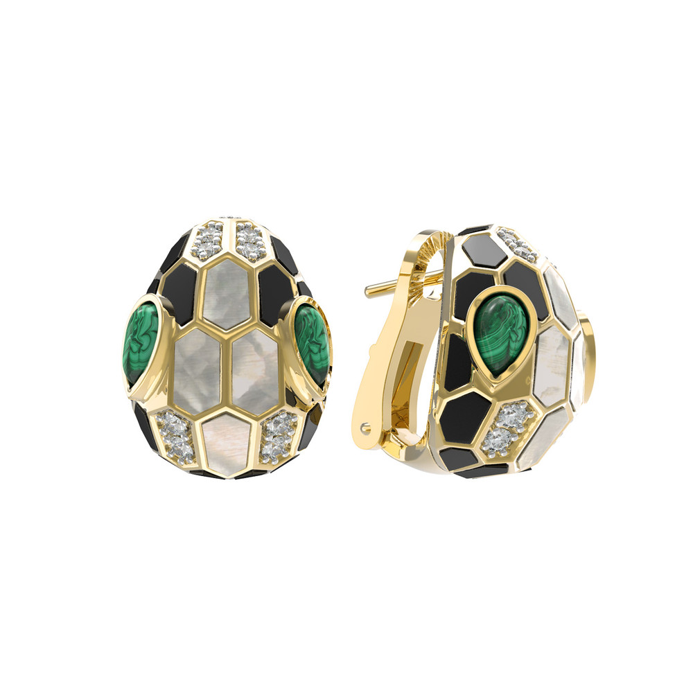 Серьги из лимонного золота c бриллиантами, рубином, ониксом, малахитом и перламутром