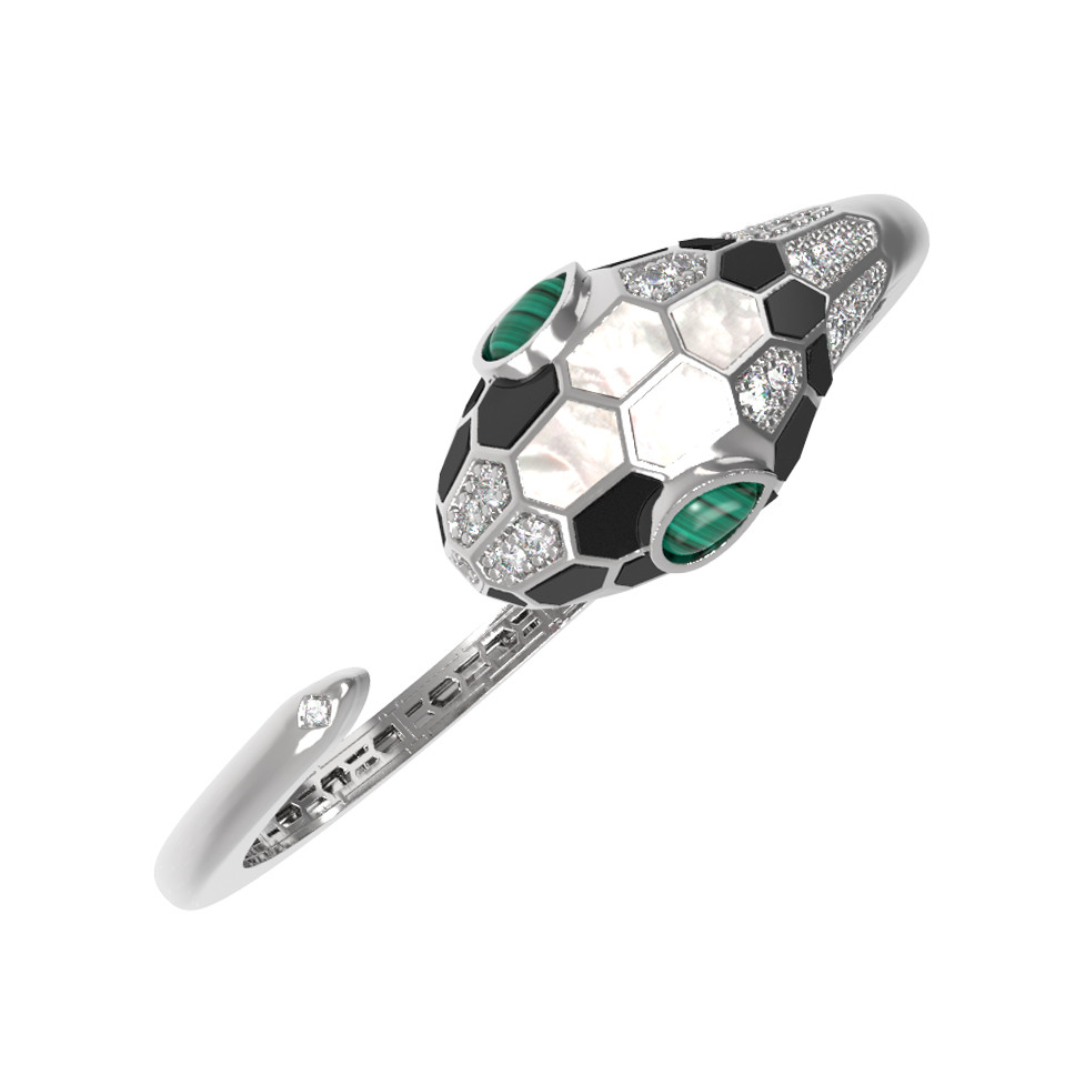 Браслет из белого золота c бриллиантами, рубином, ониксом, малахитом и перламутром