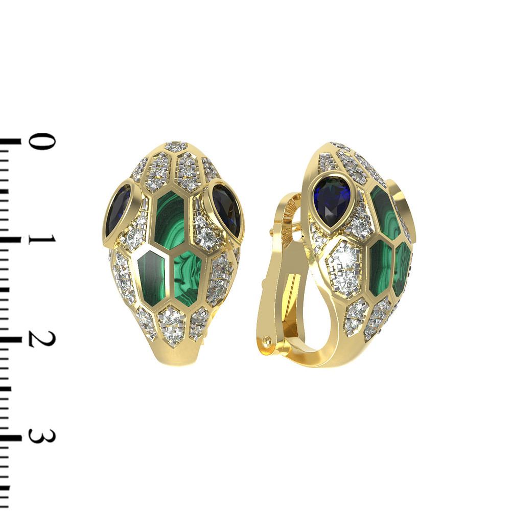 Серьги из лимонного золота c бриллиантами, сапфиром и малахитом