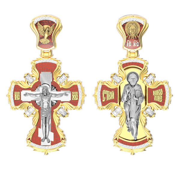 Крест из лимонного золота c эмаль и бриллиантами