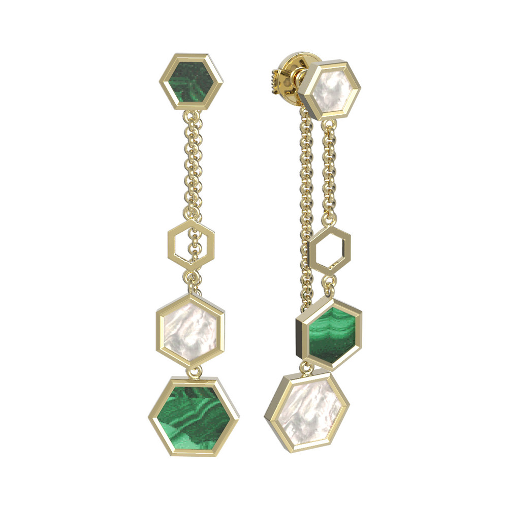 Серьги из лимонного золота c малахитом и перламутром