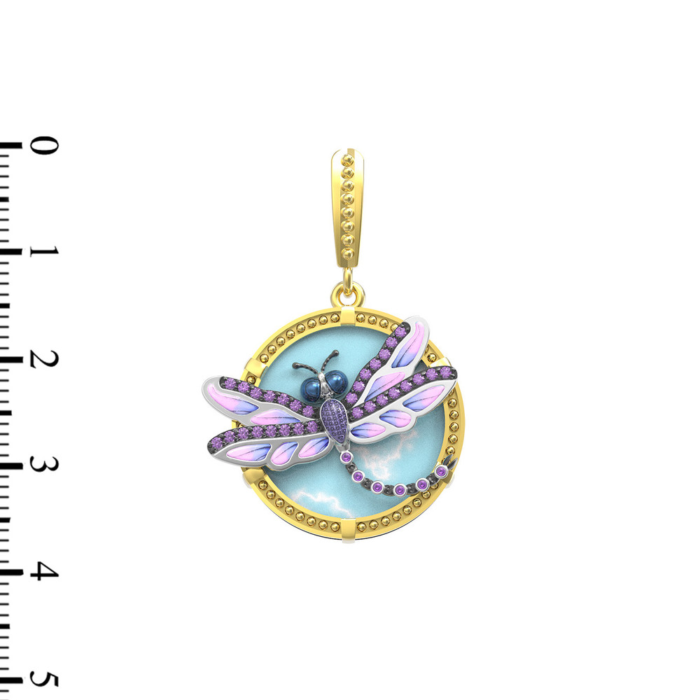 Подвеска из лимонного золота c бирюзой, аметистом и эмалью