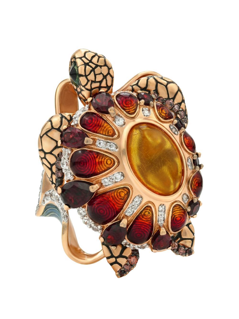 Кольцо из золота c эмаль , фианитом, гранатом и янтарём