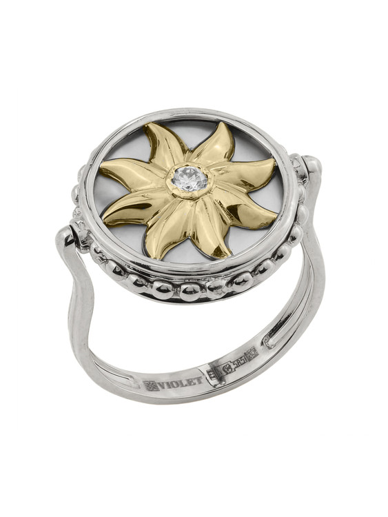 Кольцо из белого золота c бриллиантами, ониксом и перламутром