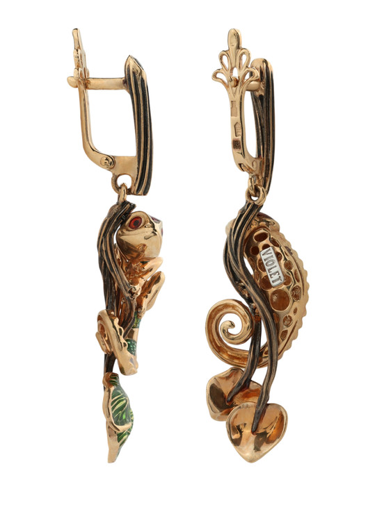 Серьги из золота c эмалью и гранатом