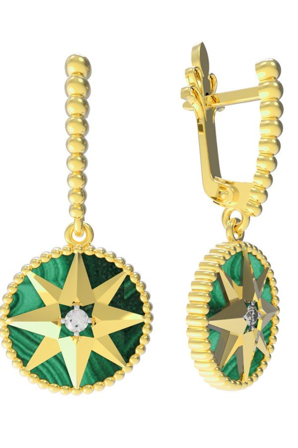 Серьги из лимонного золота c фианитом и малахитом