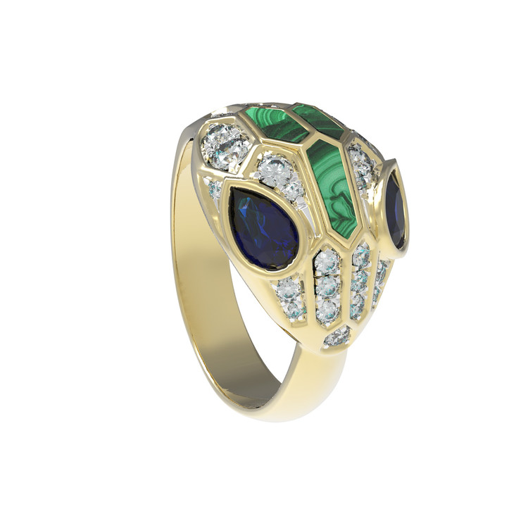 Кольцо из лимонного золота c бриллиантами, сапфиром и малахитом