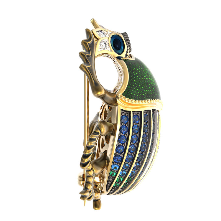 Брошь из лимонного золота c эмаль , фианитом и турмалином
