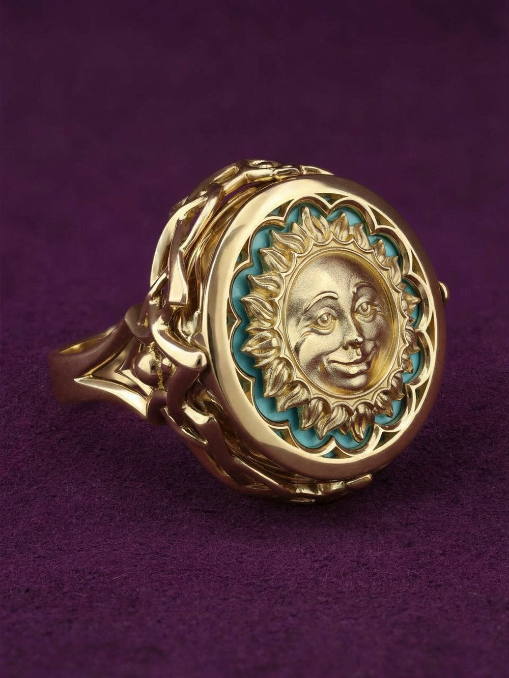 Кольцо из лимонного золота c бирюзой и лазуритом