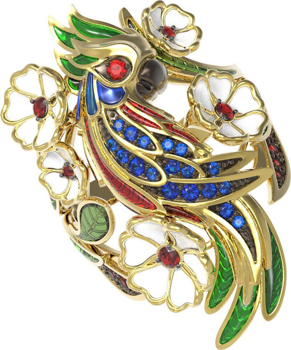 Кольцо из лимонного золота c эмаль , гранатом, рубином и сапфиром