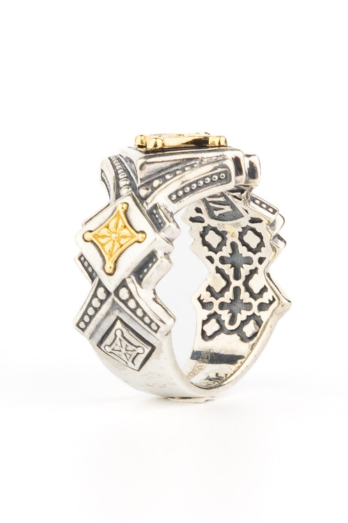 Кольцо из серебра и золота c ониксом и рубином