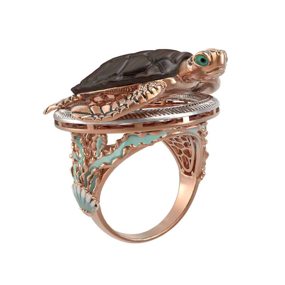 Кольцо из золота c эмалью и железным деревом