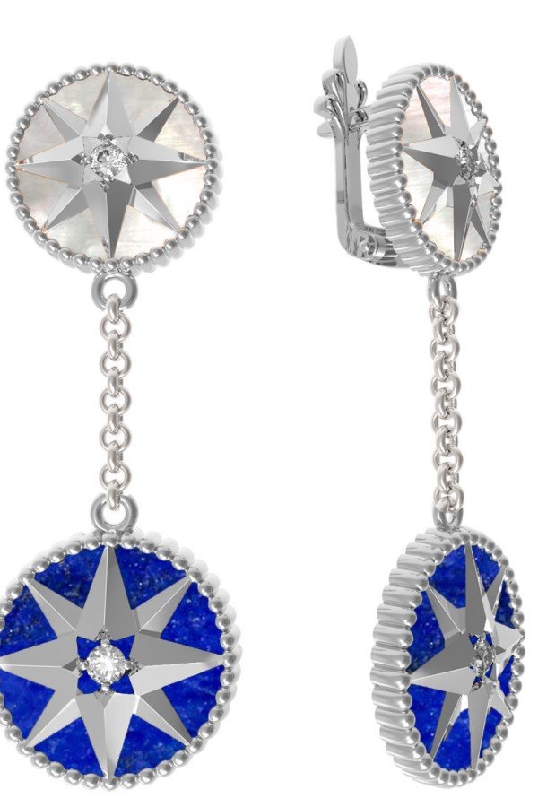 Серьги из белого золота c фианитом, лазуритом и перламутром