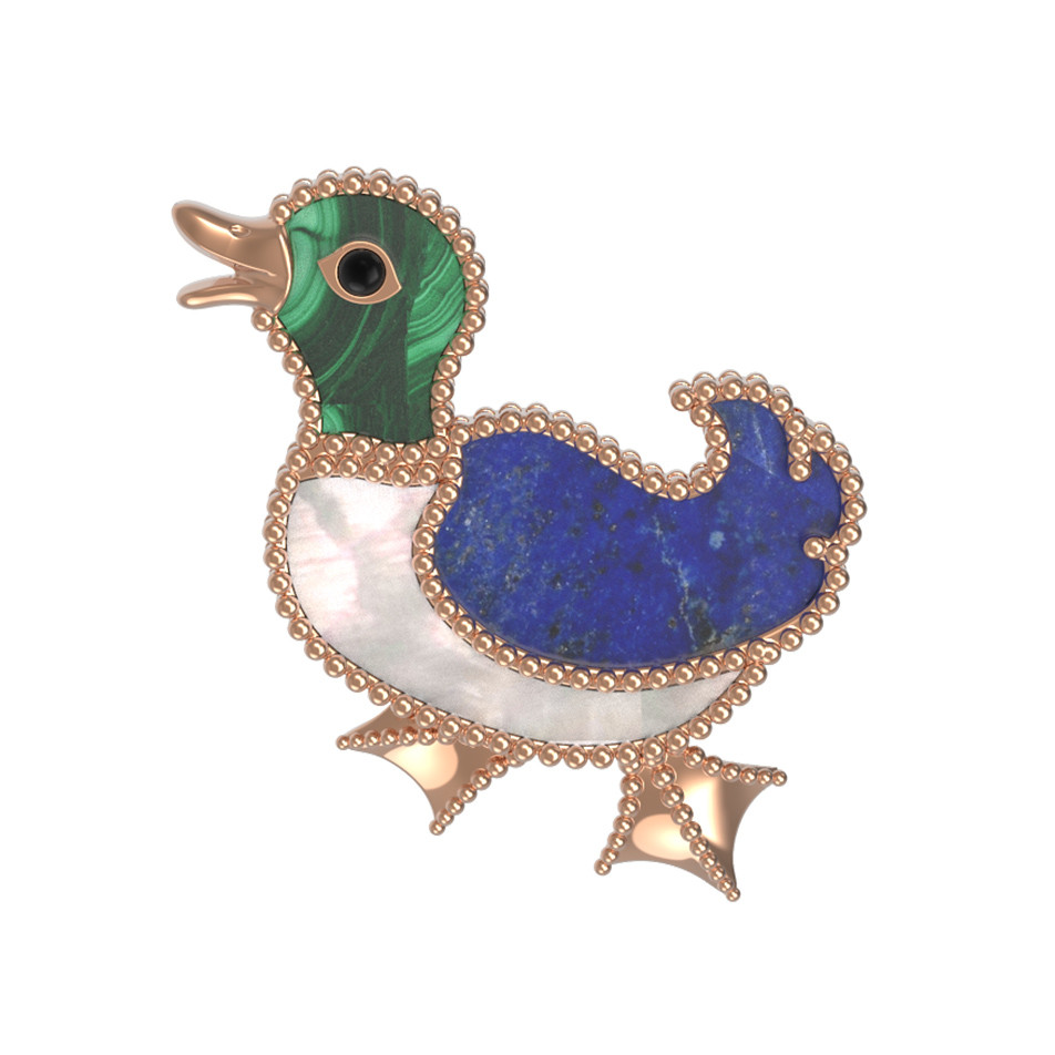 Брошь из золота c эмалью, лазуритом, малахитом и перламутром