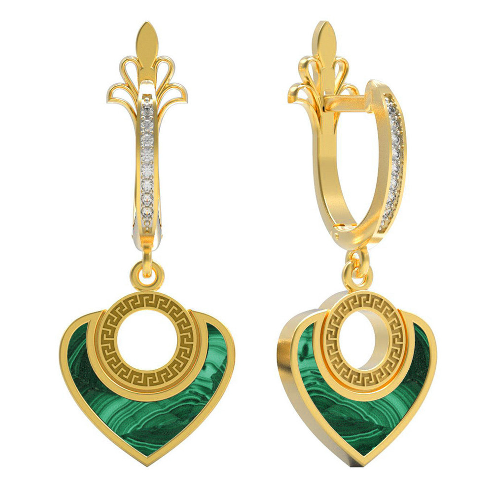 Серьги из лимонного золота c фианитом и малахитом