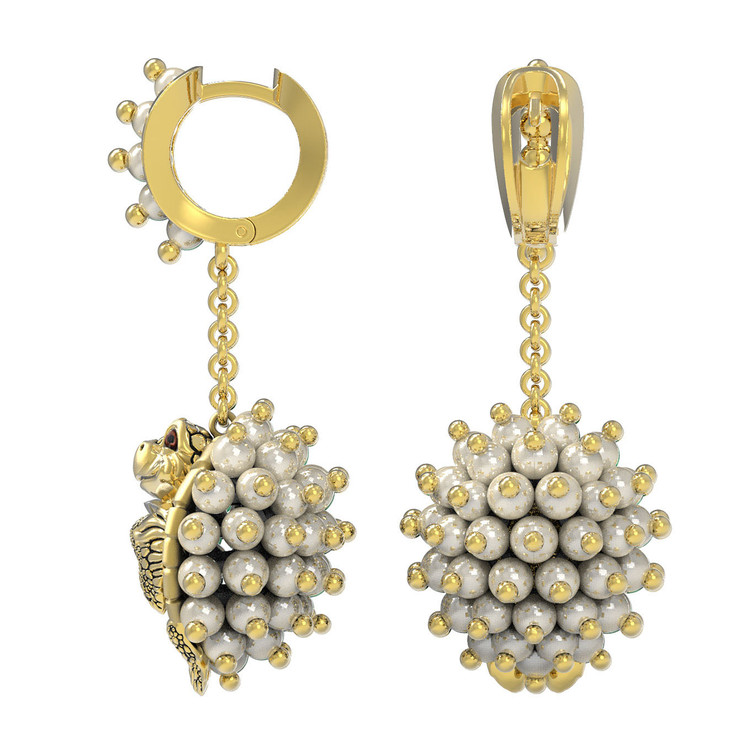 Серьги из лимонного золота c эмаль и жемчугом