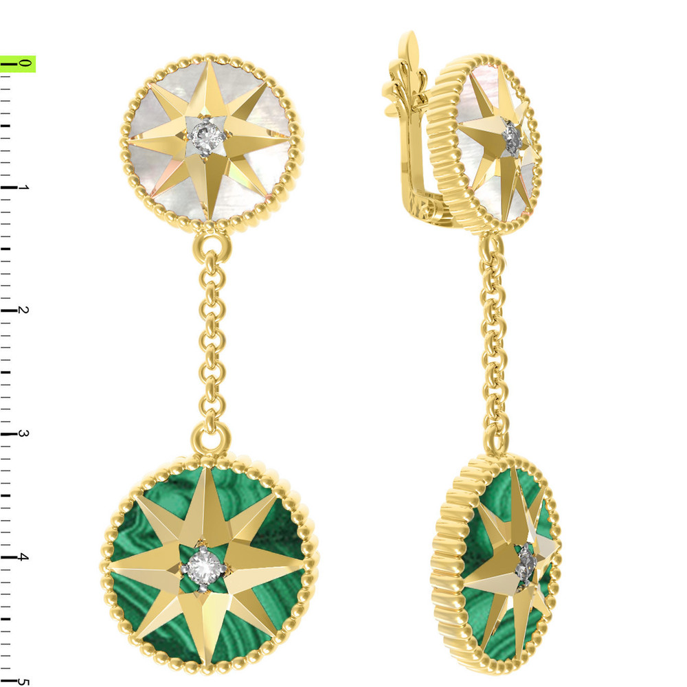 Серьги из лимонного золота c фианитом, малахитом и перламутром