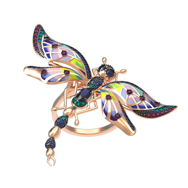 Кольцо из золота c фианитом, рубином, сапфиром и эмалью