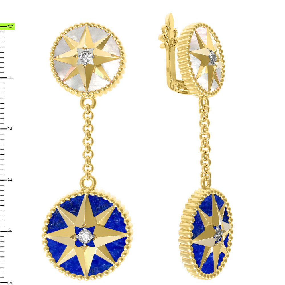 Серьги из лимонного золота c фианитом, лазуритом и перламутром