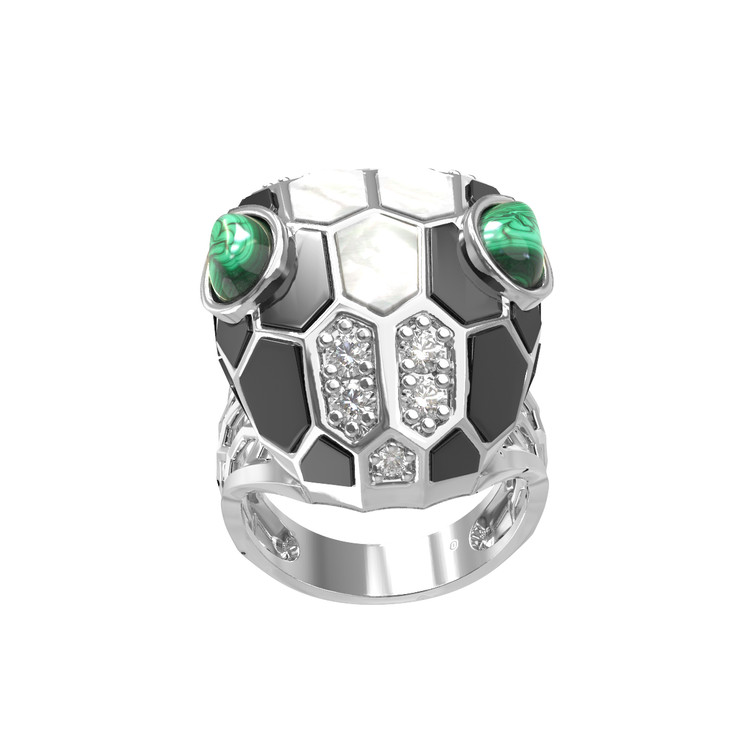 Кольцо из белого золота c бриллиантами, рубином, ониксом, малахитом и перламутром