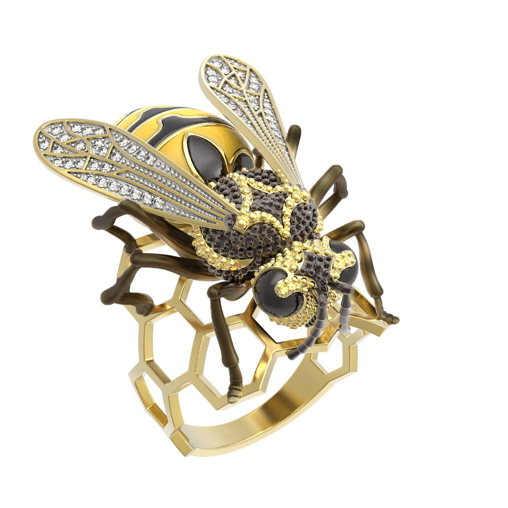 Кольцо из лимонного золота c эмалью и фианитом