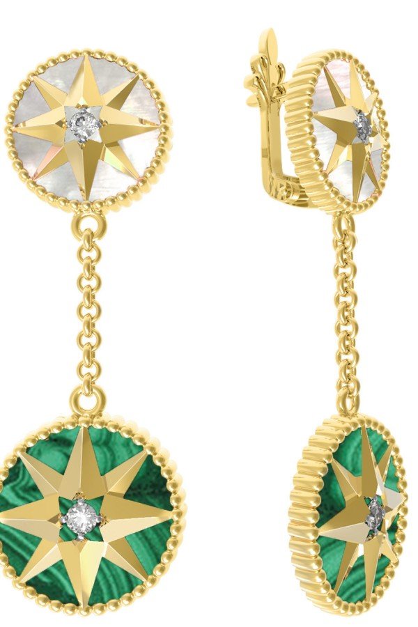 Серьги из лимонного золота c фианитом, малахитом и перламутром