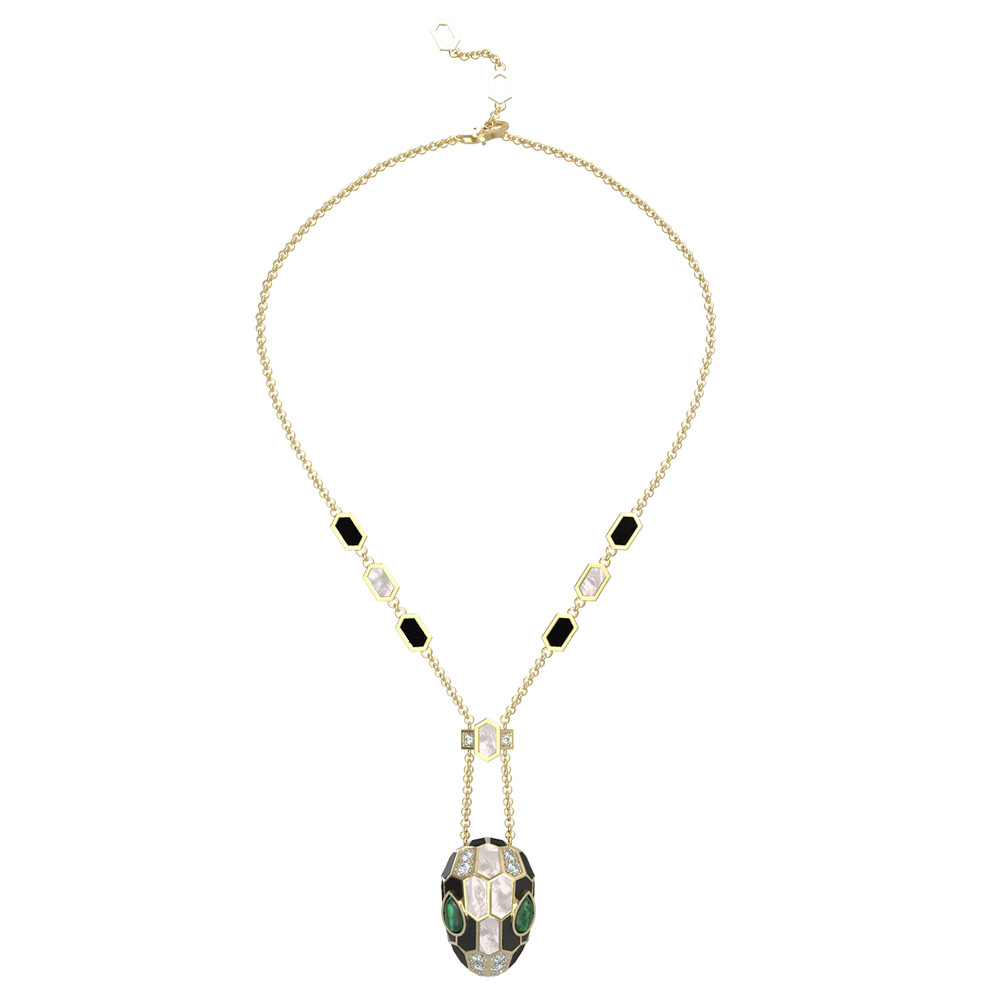 Колье из лимонного золота c бриллиантами, рубином, ониксом, малахитом и перламутром