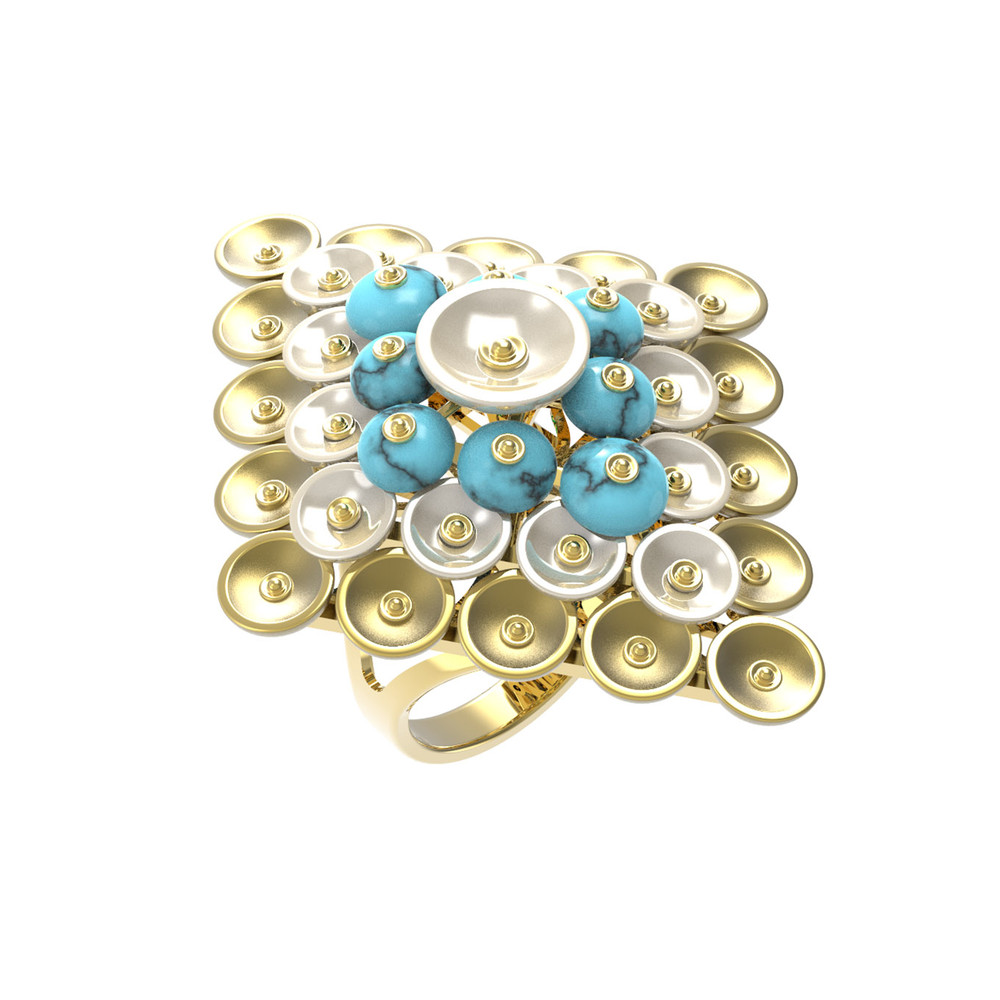 Кольцо из лимонного золота c бирюзой и перламутром