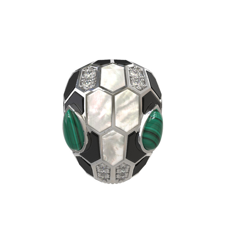 Кольцо из белого золота c бриллиантами, рубином, ониксом, малахитом и перламутром