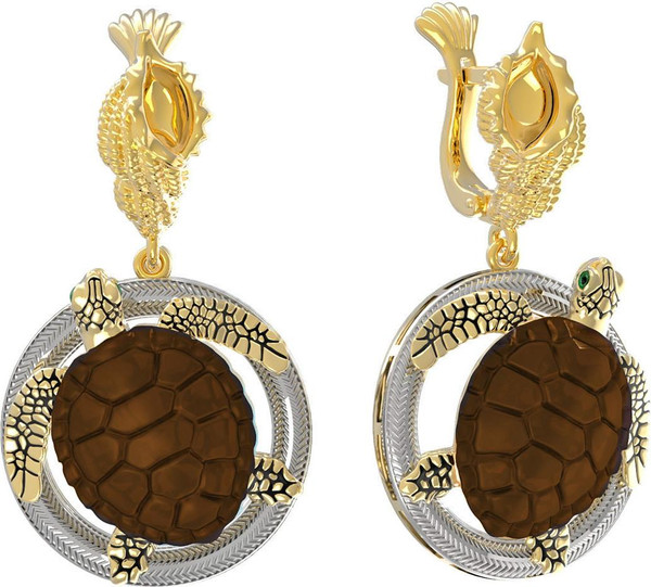 Серьги из лимонного золота c эмаль и железным деревом