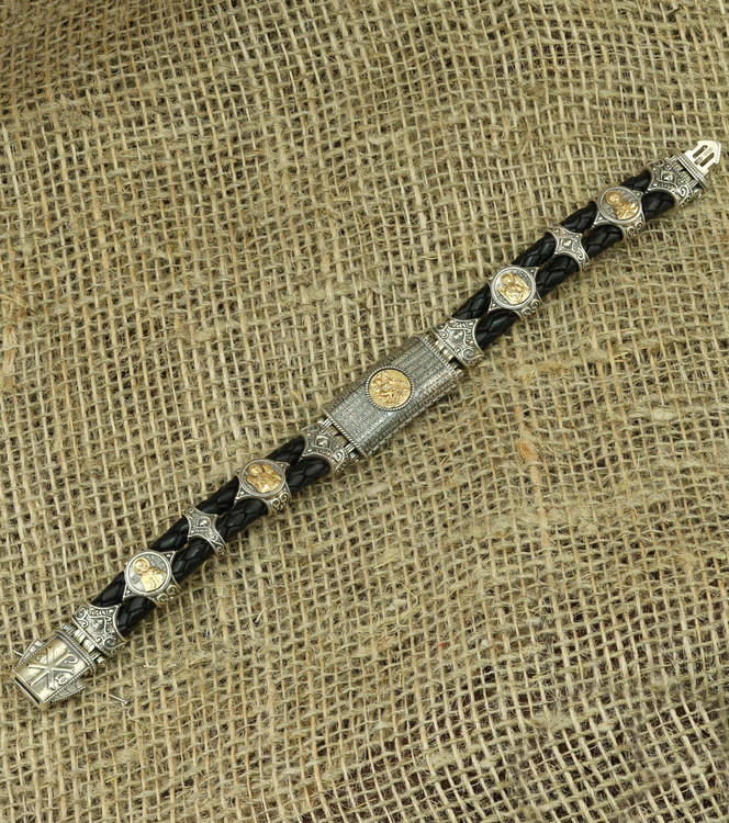 Браслет из серебра и золота c кожаным шнурком